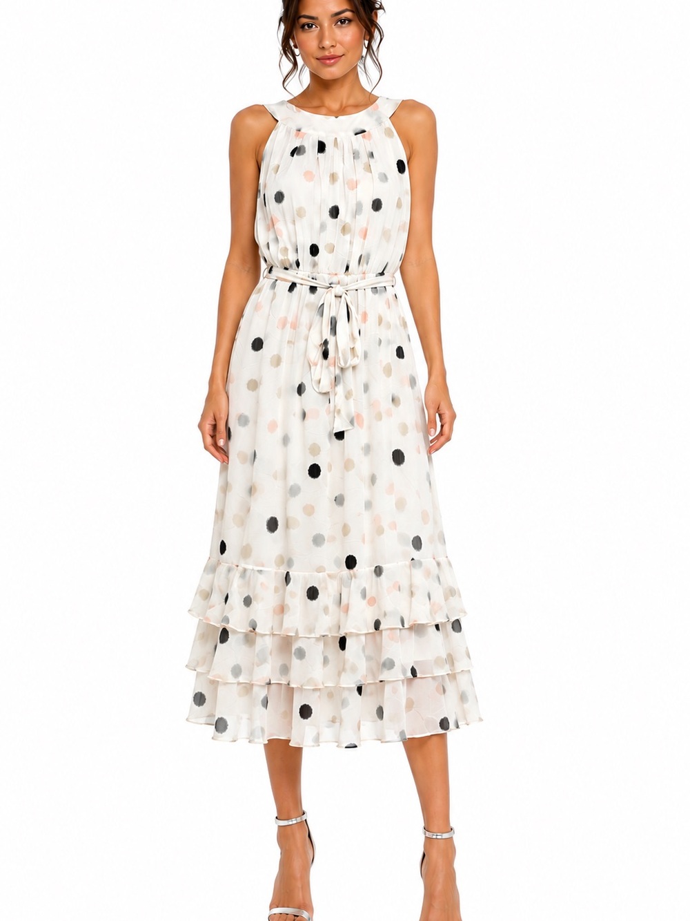 Calvin Klein White Polka Dot Midi Dress with Ruffle Tiers
